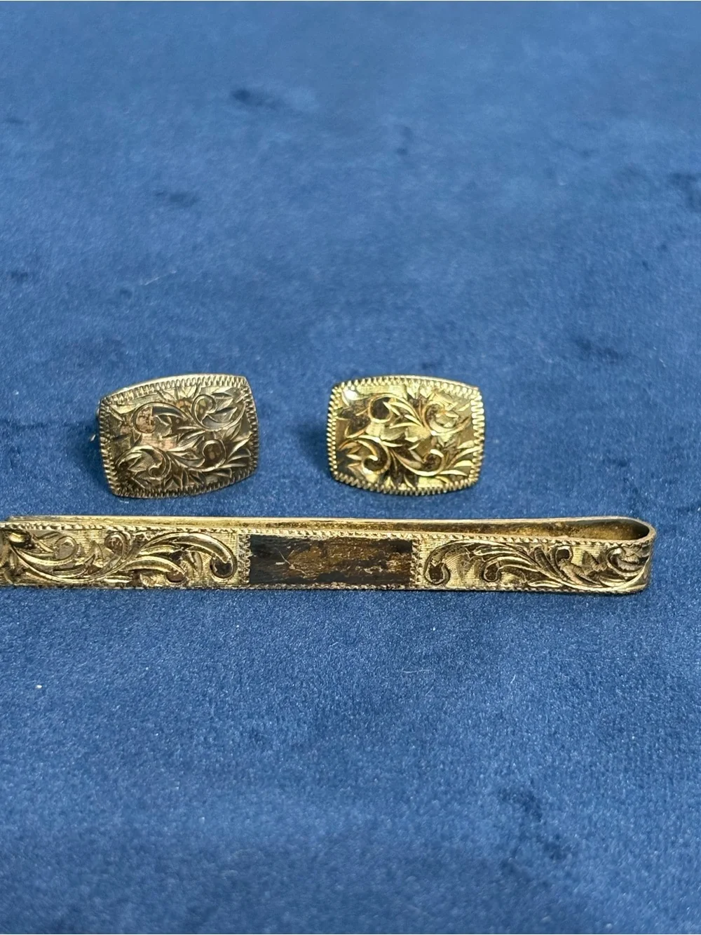 Vintage Silver 950 Engraved Floral Tie Bar & Cufflinks Set Cuff Link